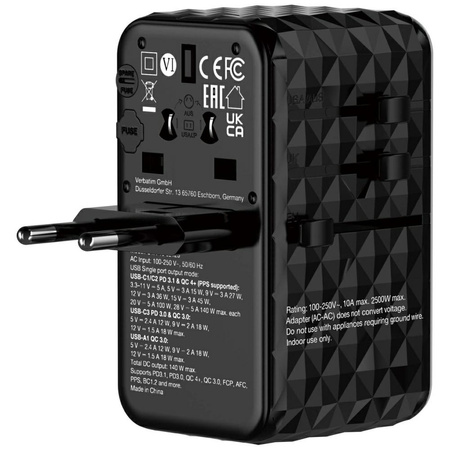 Verbatim Adapter podróżny EU/UK/US GaNUSB-A/3xUSB-C PD 140W UTA-10 czarny/black 32125
