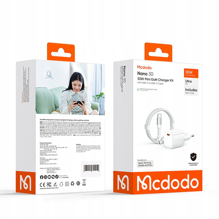 MCDODO SZYBKA ŁADOWARKA SIECIOWA ZASILACZ USB TYP C 30W + KABEL USB-C 1M