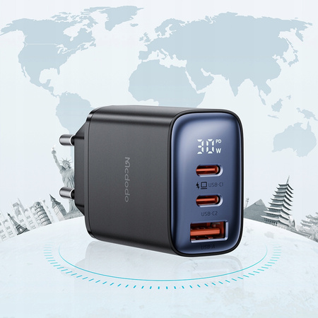 MCDODO Schnell-Wandladegerät für iPhone, 2x USB-C, 1x USB PD, 30 W, LED-Anzeige