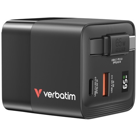Verbatim Ładowarka sieciowa GaN 65W      2xUSB-C/USB-A + Adapter EU/UK/US czarny/black 32217
