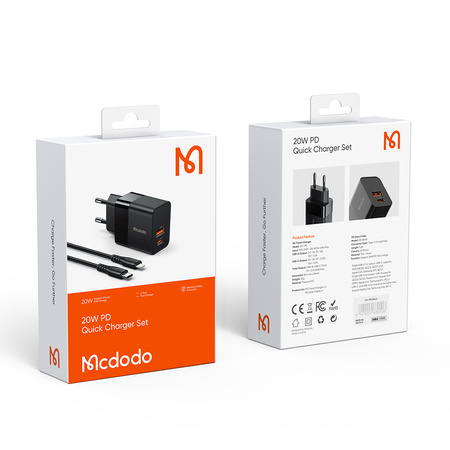 Mcdodo Schnellladegerät, USB, USB-C, 20 W, inklusive iPhone-Kabel, Schwarz