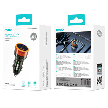 BWOO ładowarka samochodowa PD 1x USB-C 1x USB 38W transparentna