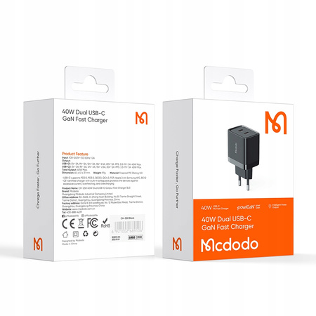 Ładowarka do telefonu, szybkie ładowanie, USB-C 2x 20W, do iPhone 14, Mcdodo