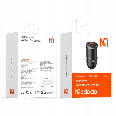 MCDODO POWERFUL FAST CAR CHARGER FOR PHONE 2X USB USB-C 33W LED