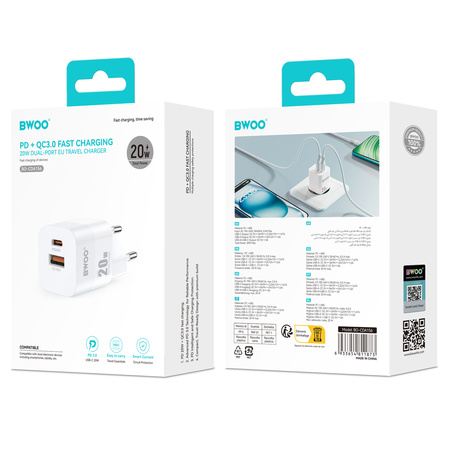 BWOO ładowarka sieciowa PD CDA156 1x USB-C 1x USB 20W biała