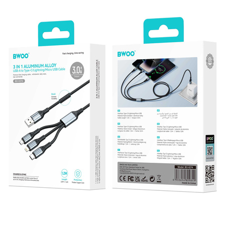 BWOO kabel 3w1 USB - USB-C, Lightning, Micro USB 1m 3A X274 czarny