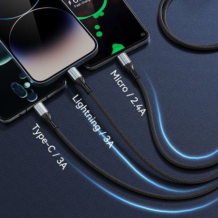 BWOO kabel 3w1 USB - USB-C, Lightning, Micro USB 1m 3A X274 czarny