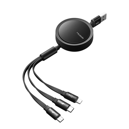 Kabel do telefonu, 3w1, USB, do iPhone, USB-C , micro USB, 1,2 m, czarny, zwijany, McDodo