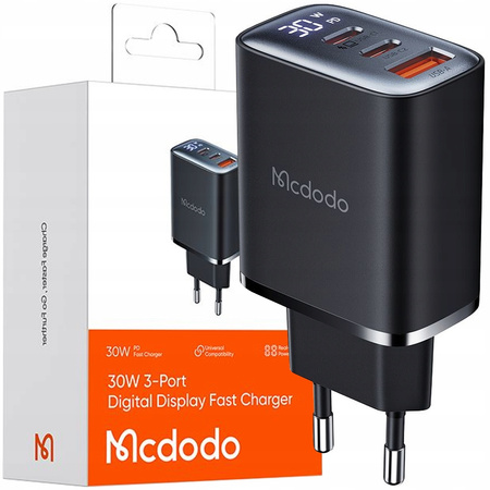 MCDODO SZYBKA ŁADOWARKA SIECIOWA DO IPHONE 2XUSB-C 1XUSB PD 30W MIERNIK LED