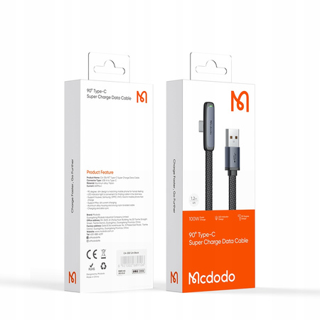 Cablu USB-C MCDODO, înclinat, încãrcare rapidã, USB TIP C, 6A, 100W, negru, 1M