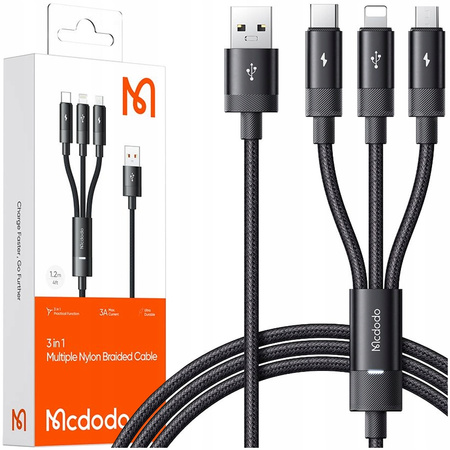 Cablu USB MCDODO 3 în 1 cu încãrcare rapidã, USB-C Lightning, Micro USB, QC, 1 m, LED