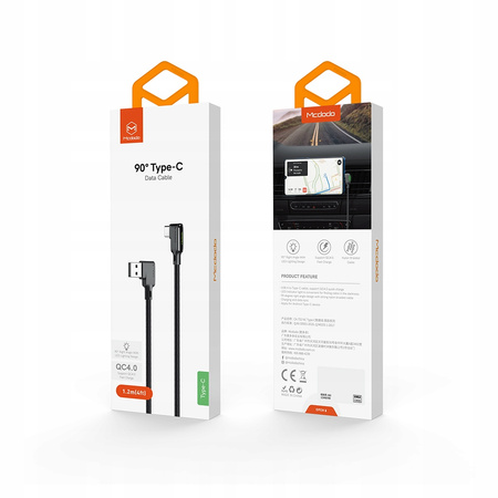 Kabel kątowy Mcdodo Glue, szybkie ładowanie 90° LED USB typ-C 1,2m czarny