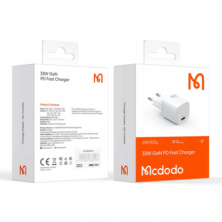 Ładowarka do telefonu Mcdodo nano GaN, USB-C PD QC - 33W Biała