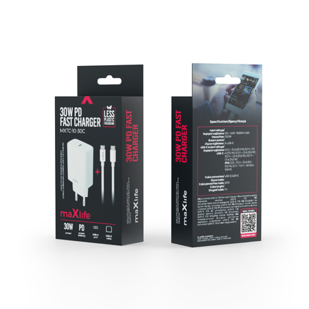 Maxlife ładowarka sieciowa PD QC MXTC-10-30C 1x USB-C 30W biała + kabel USB-C - USB-C 60W