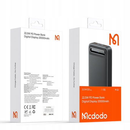 MCDODO POWERBANK 20000MAH WITH DISPLAY 3X USB USB-C 22.5W + USB-C CABLE