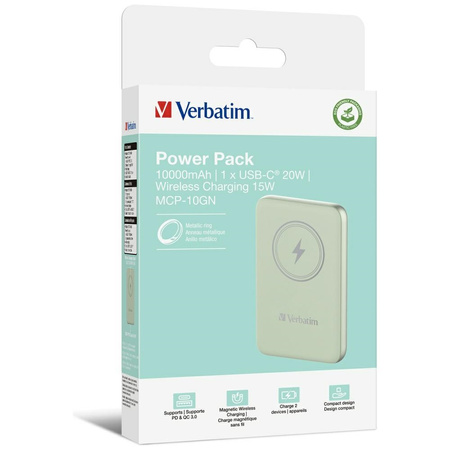 Verbatim Powerbank indukcyjny `n` Go 15W10000mAh Wireless Magnetic zielony/green 32246