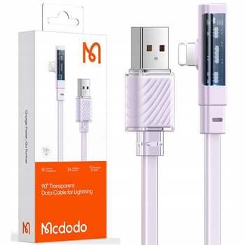 MCDODO KABEL KĄTOWY USB LIGHTNING PŁASKI 36W DO IPHONE 13 14 FIOLETOWY 2M