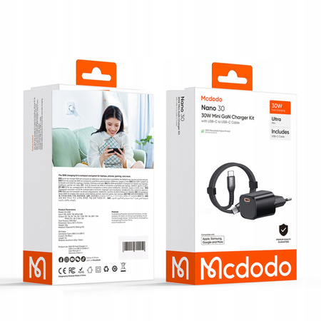 MCDODO SZYBKA ŁADOWARKA SIECIOWA ZASILACZ USB TYP C 30W + KABEL USB-C 1M