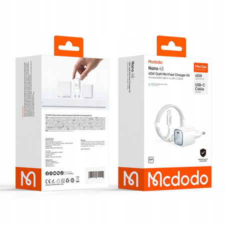 MCDODO SZYBKA ŁADOWARKA DO TELEFONU USB-C 45W GAN KABEL 1M TYP C BIAŁA