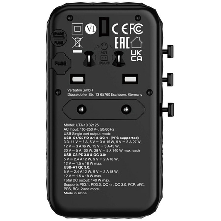 Verbatim Adapter podróżny EU/UK/US GaNUSB-A/3xUSB-C PD 140W UTA-10 czarny/black 32125