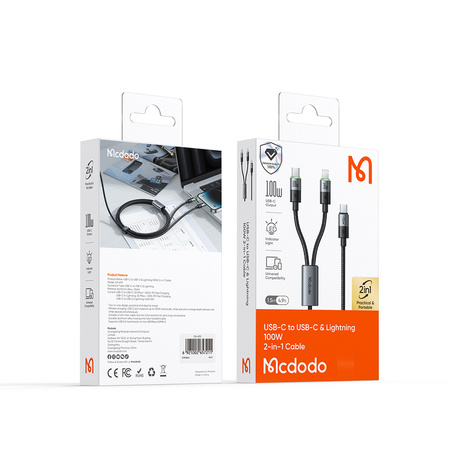 MCDODO USB-C 2IN1 FAST CHARGING CABLE FOR IPHONE 14 MACBOOK LED 100W 2M