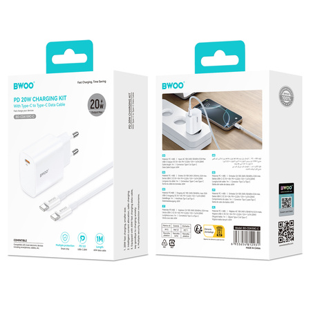 BWOO ładowarka sieciowa 20W PD CDA159 USB-C + kabel USB-C - USB-C biała