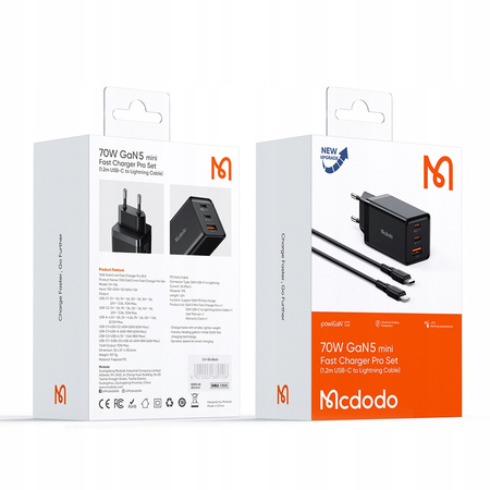 Încãrcãtor rapid de perete MCDODO, sursã de alimentare 3x USB-C PD, cablu USB GAN 67W, 1 m