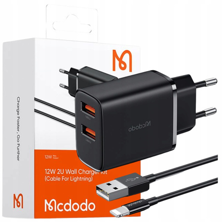 MCDODO MAINS CHARGER FOR APPLE 2XUSB 12W + IPHONE LIGHTNING CABLE 1M