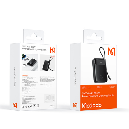 Baterie externã MCDODO 20000MAH cu afi?aj USB USB-C 22.5W + cablu Lightning
