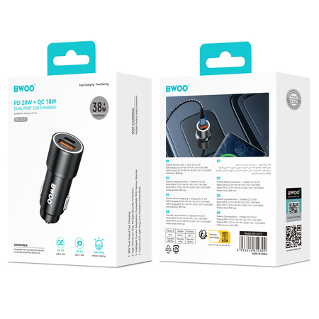 BWOO ładowarka samochodowa PD BO-CC73 1x USB-C 1x USB 38W srebrna