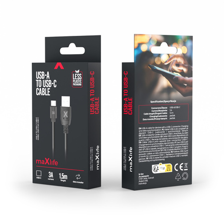 Maxlife kabel USB - USB-C 1,5 m 3A czarny