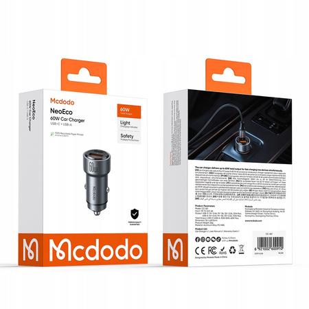 MCDODO SZYBKA ŁADOWARKA SAMOCHODOWA DO TELEFONU LAPTOPA 2X USB-C USB-A 60W