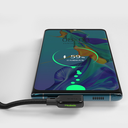 Cablu telefon Mcdodo Glue cu arc, unghiular la 90°, LED, USB tip C, 1,8 m, negru