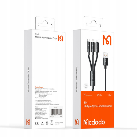 MCDODO 3-in-1 USB-Kabel mit Schnellladefunktion (USB-C, Lightning, Micro-USB, QC, 1 m, LED)
