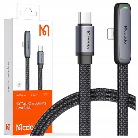 Cablu USB Lightning plat MCDODO, unghiular, 36W, pentru iPhone 12, 13, 14, negru, 1 m