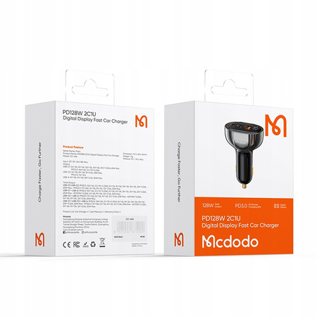 MCDODO MOCNA SZYBKA ŁADOWARKA SAMOCHODOWA MIERNIK 3X USB USB-C 128W LED
