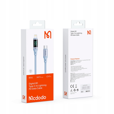MCDODO KABEL Z WYŚWIETLACZEM USB-C LIGHTNING 36W 1M DO IPHONE 14 FIOLETOWY