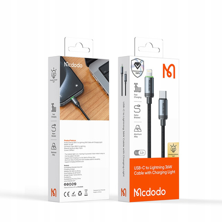 MCDODO ŁADOWARKA KABEL USB-C LIGHTNING SZYBKIEGO ŁADOWANIA DO IPHONE 3M LED