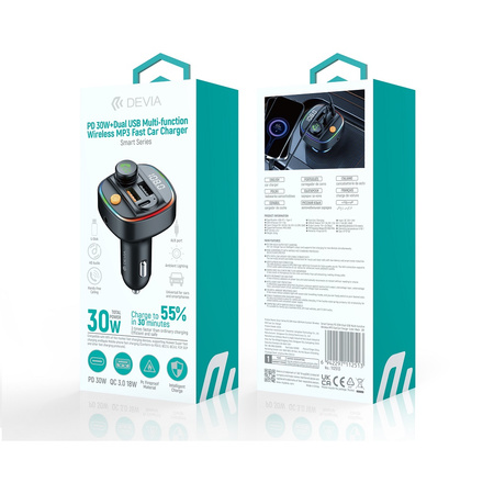 Devia transmiter FM Smart Bluetooth MP3 ładowarka samochodowa PD 30W 1x USB-C 2x USB 3A czarny