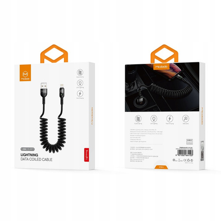 MCDODO KABEL USB LIGHTNING SPIRALNY SPRĘŻYNOWY SZYBKI DO IPHONE 14 LED 2M