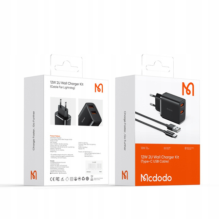 MCDODO UNIVERSAL CHARGER 2XUSB 12W + USB USB-C HIGH-SPEED CABLE 1M