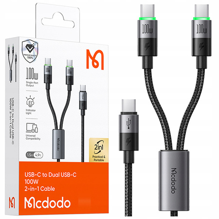 MCDODO KABEL USB-C 2W1 SZYBKIE ŁADOWANIE DO IPHONE MACBOOK LED 100W 2M
