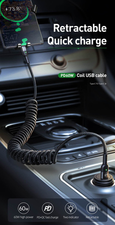 MCDODO KABEL USB-C SPIRALNY SPRĘŻYNOWY SZYBKIE ŁADOWANIE USB TYP C LED 2M