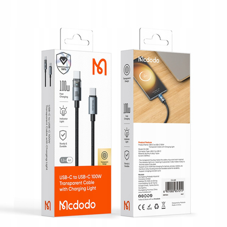 MCDODO KABEL USB-C SZYBKIE ŁADOWANIE USB TYP C 5A 100W 1M LED CZARNY