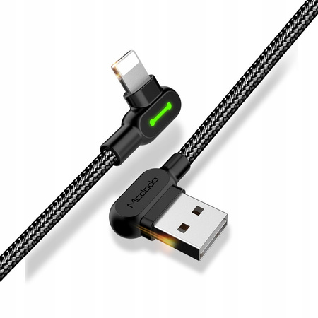 MCDODO KABEL KĄTOWY 90° LIGHTNING DWUSTRONNY DO IPHONE 11 12 13 14 LED 1M