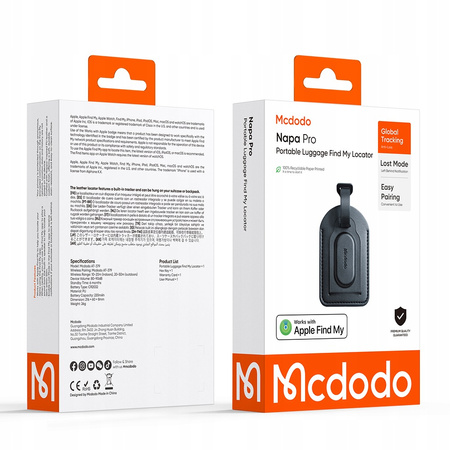 MCDODO LOKALIZATOR GPS DO BAGAŻU TORBY PLECAKA DO APPLE FIND MY CZARNY